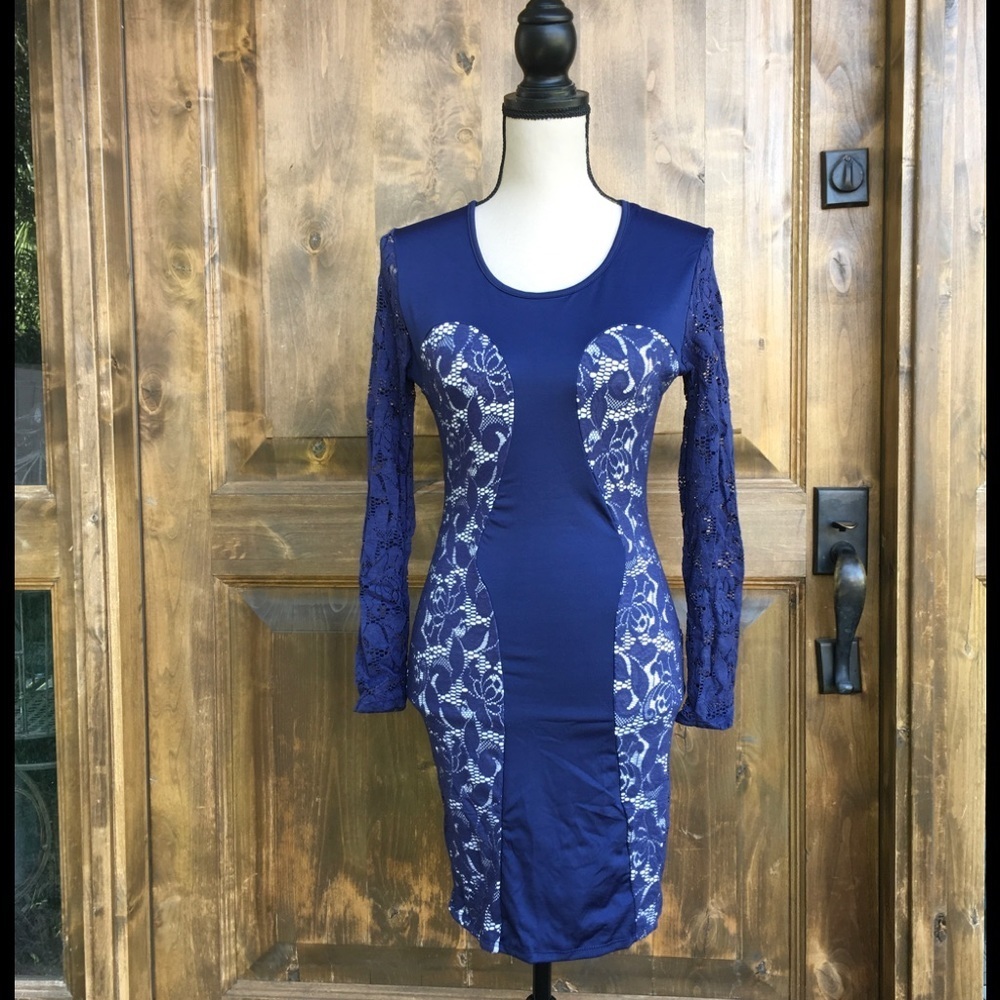 Navy lace long sleeved mini dress - Picture 1 of 8